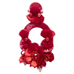 RANJANA KHAN red fabric floral petal beaded dangling clip on earrings