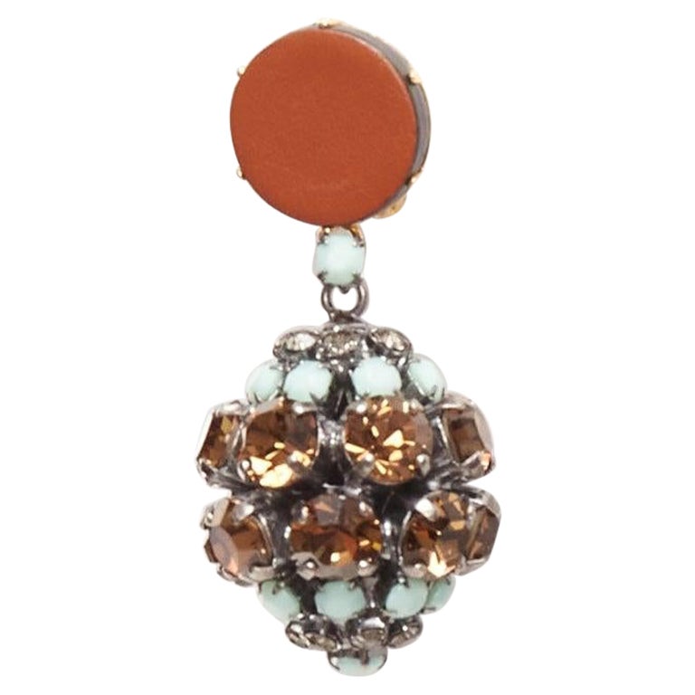 MARNI blue crystal drop ball brown leather dangling clip on earrings For Sale