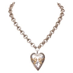 ALEXANDER MCQUEEN silver gold birds heart locket textured chain necklace