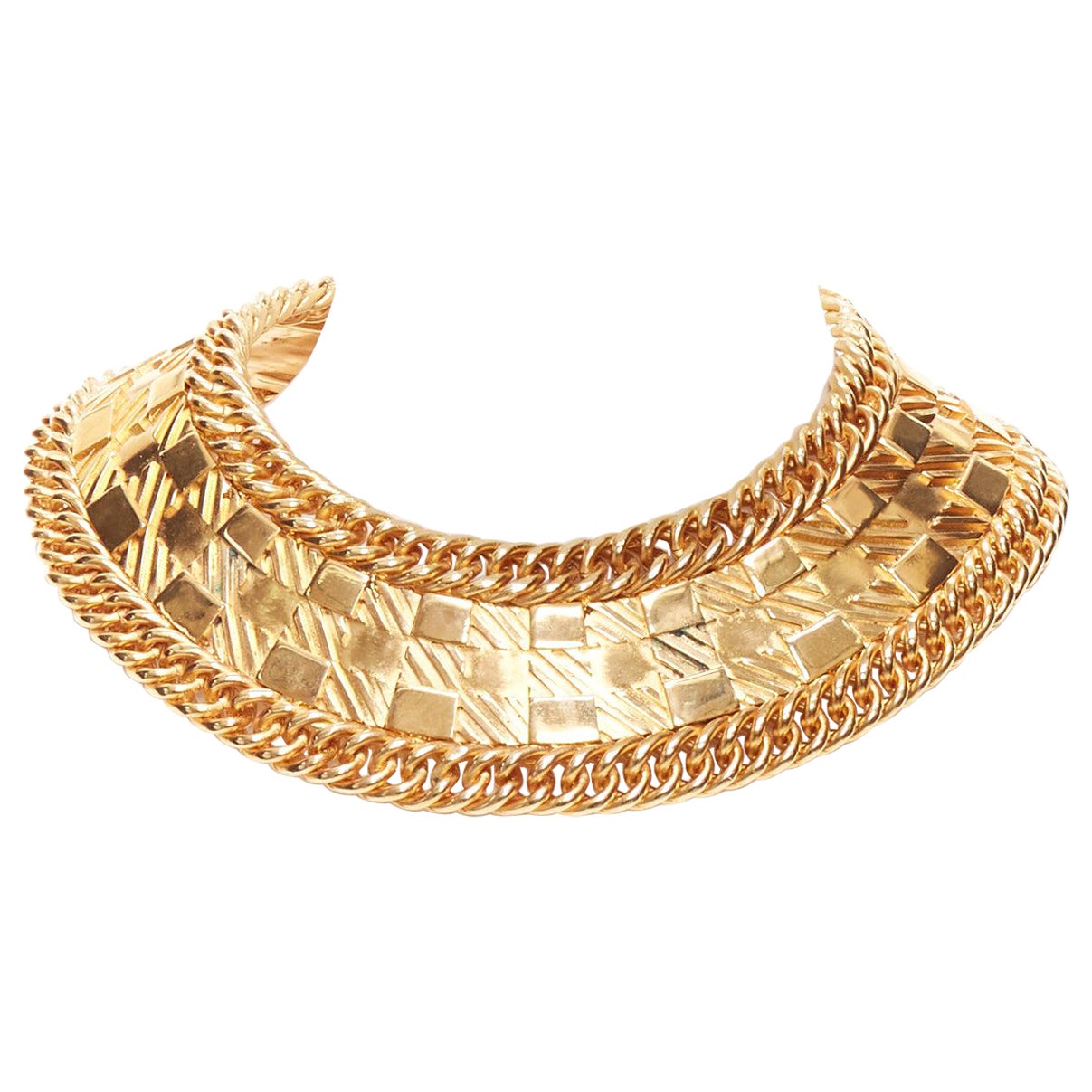 BALMAIN gold 3D checkered chain heavy metal choker plate necklace For Sale