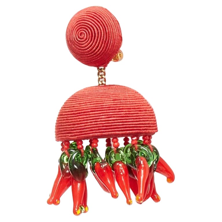 REBECCA DE RAVENEL red resin chilli beaded jellyfish tassel clip on earrings For Sale