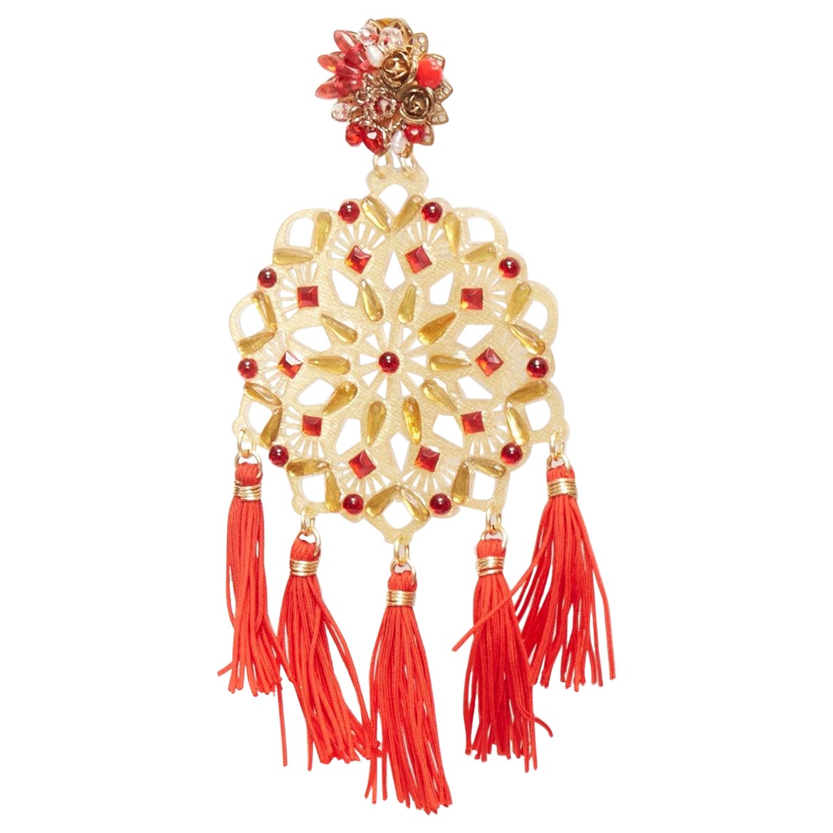 MERCEDES SALAZAR gold red acrylic beads tassel new year clip on earrings For Sale