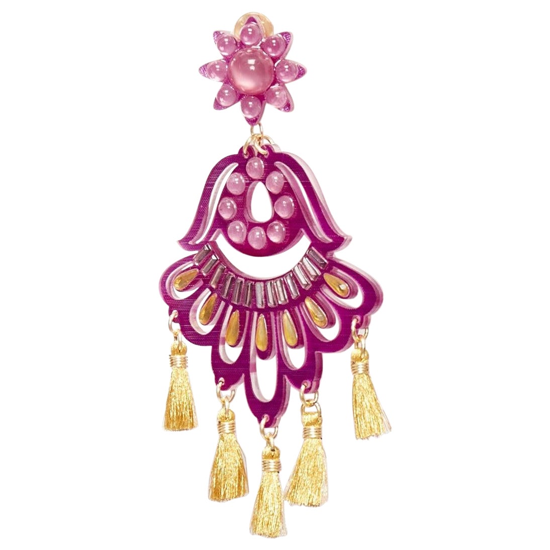 MERCEDES SALAZAR magenta pink acrylic beads gold tassel clip on earrings For Sale