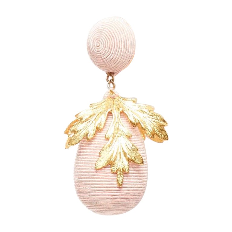 REBECCA DE RAVENEL pink applique gold metal leaf drop clip on earrings For Sale