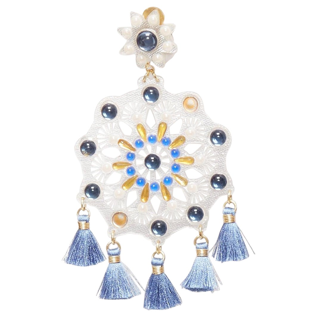 MERCEDES SALAZAR clear acrylic blue beads tassels clip on drop earrings For Sale