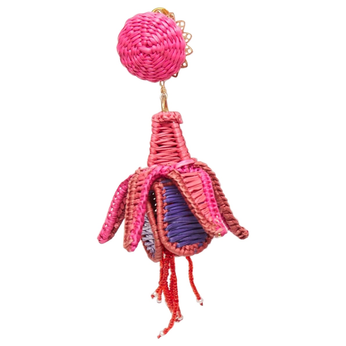 MERCEDES SALAZAR hot pink purple raffia weave bell flower clip on earrings For Sale