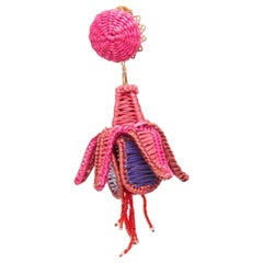 MERCEDES SALAZAR hot pink purple raffia weave bell flower clip on earrings
