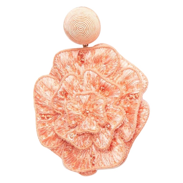 REBECCA DE RAVENEL peach pink floral beaded applique drop pin earrings For Sale