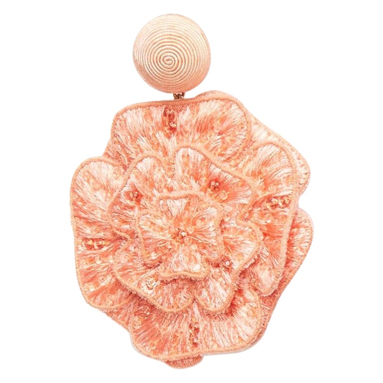 REBECCA DE RAVENEL peach pink floral beaded applique drop pin earrings at 1stDibs