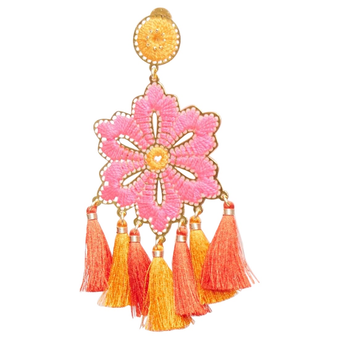 MERCEDES SALAZAR neon pink orange floral tassel gold clip on earrings For Sale
