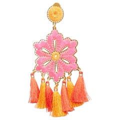 MERCEDES SALAZAR neon pink orange floral tassel gold clip on earrings