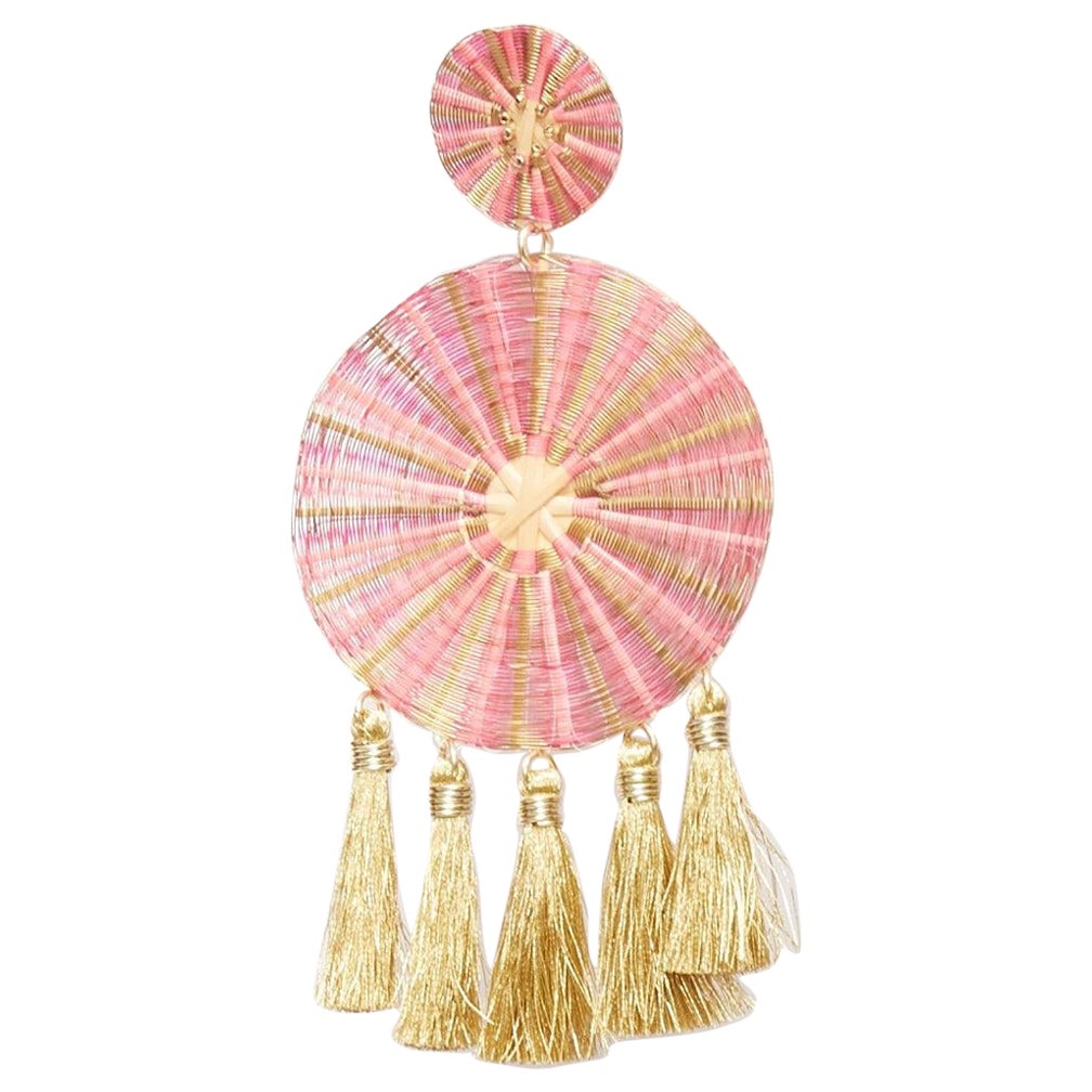 MERCEDES SALAZAR gold pink metal applique tassel clip on earrings For Sale