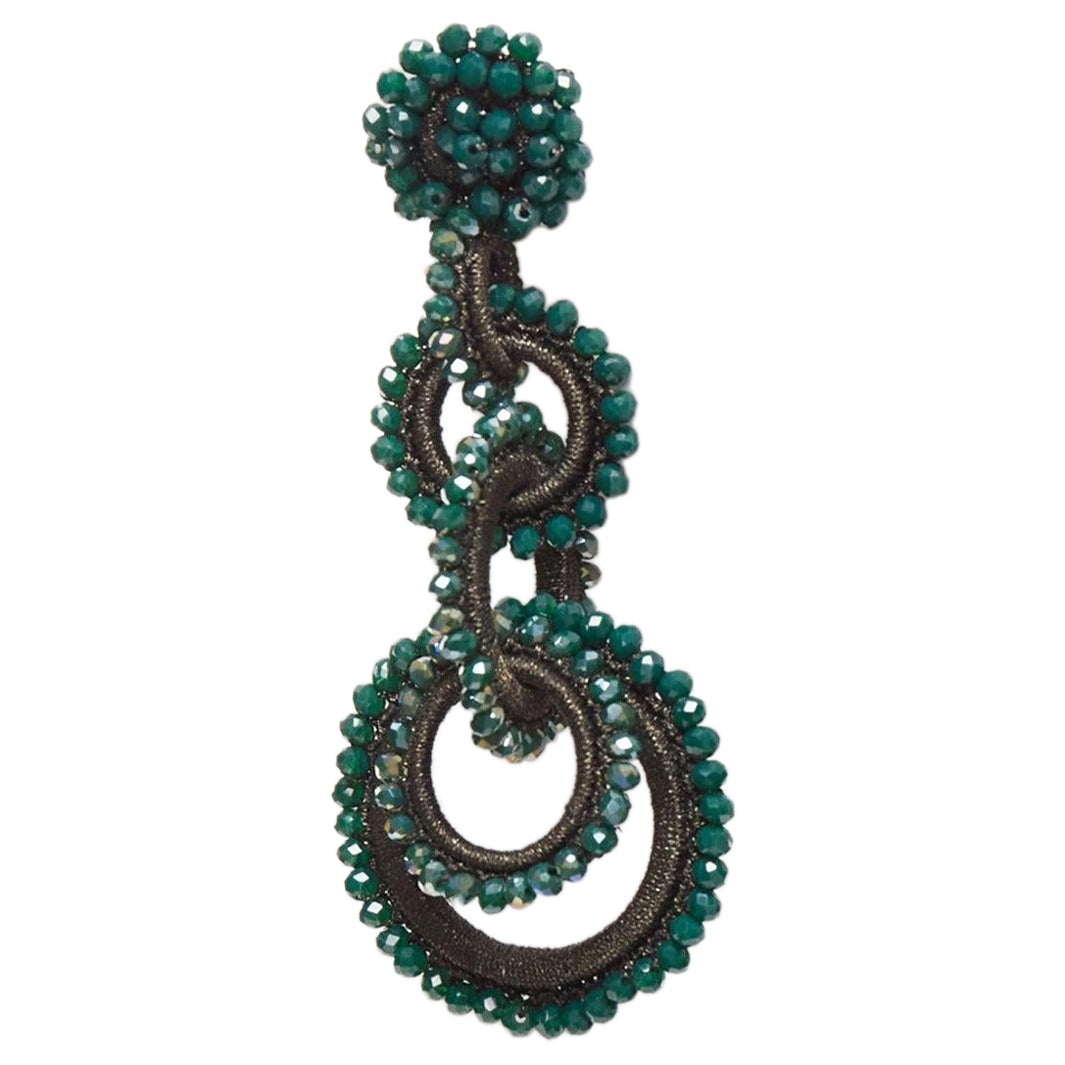 BIBI MARINI moss green beaded fabric multi hoop loop through earrings For Sale