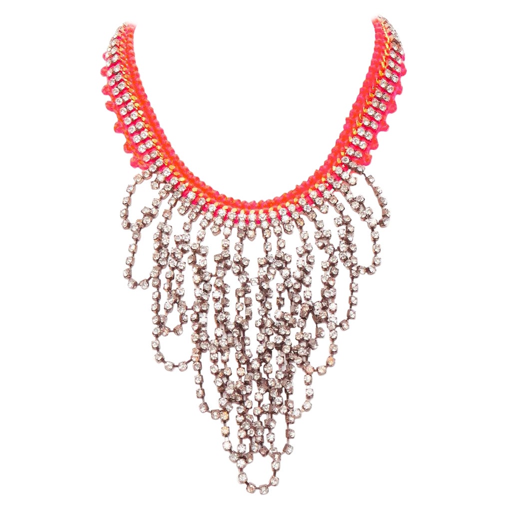VANESSA ARIZAGA neon orange rope clear crystal chandelier short necklace For Sale
