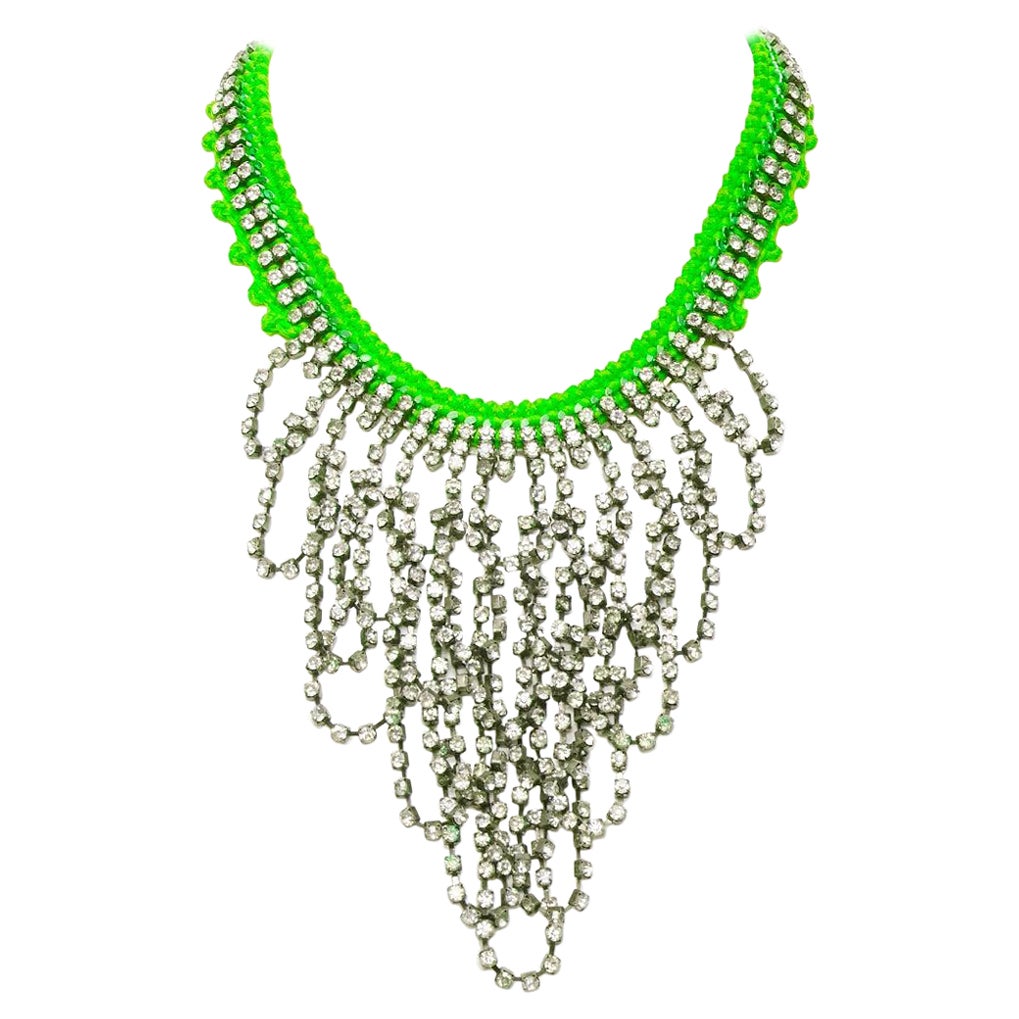VANESSA ARIZAGA neon green rope clear crystal chandelier short necklace For Sale