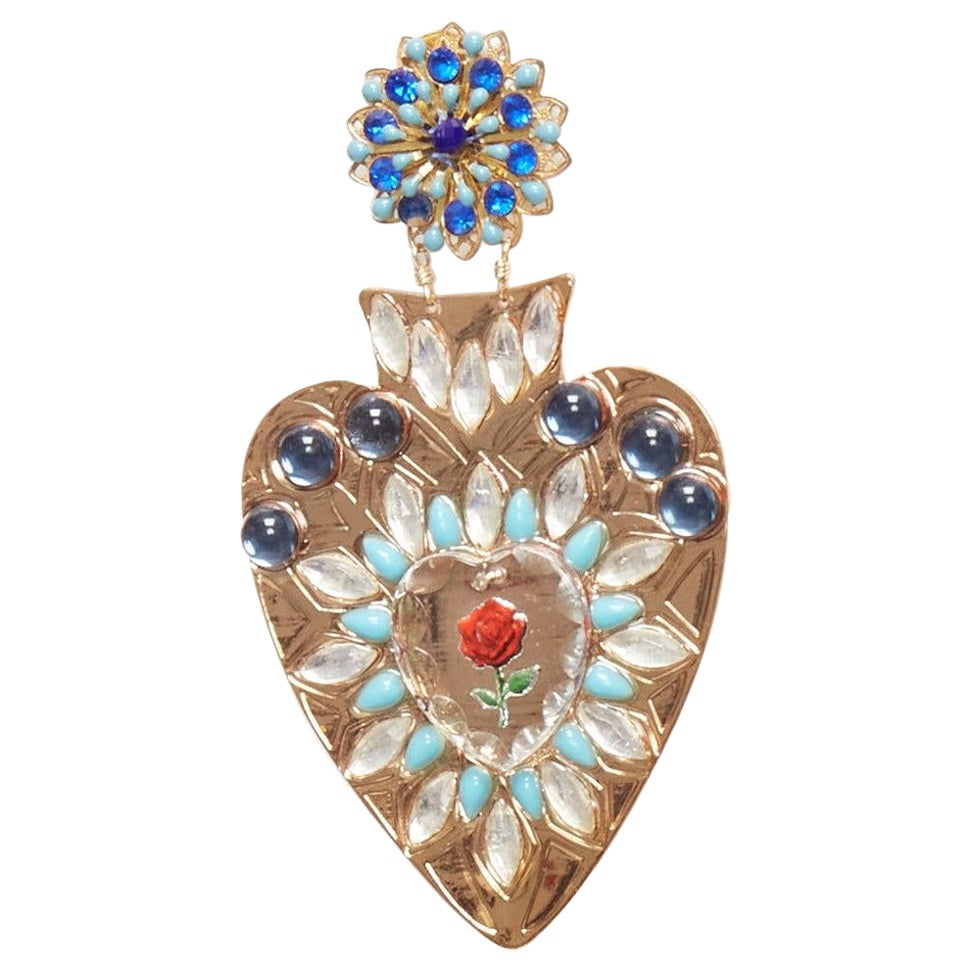 MERCEDES SALAZAR blue red heart resin crystal rose dangling clip on earrings For Sale
