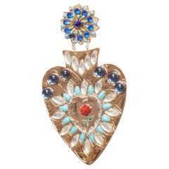 MERCEDES SALAZAR blue red heart resin crystal rose dangling clip on earrings