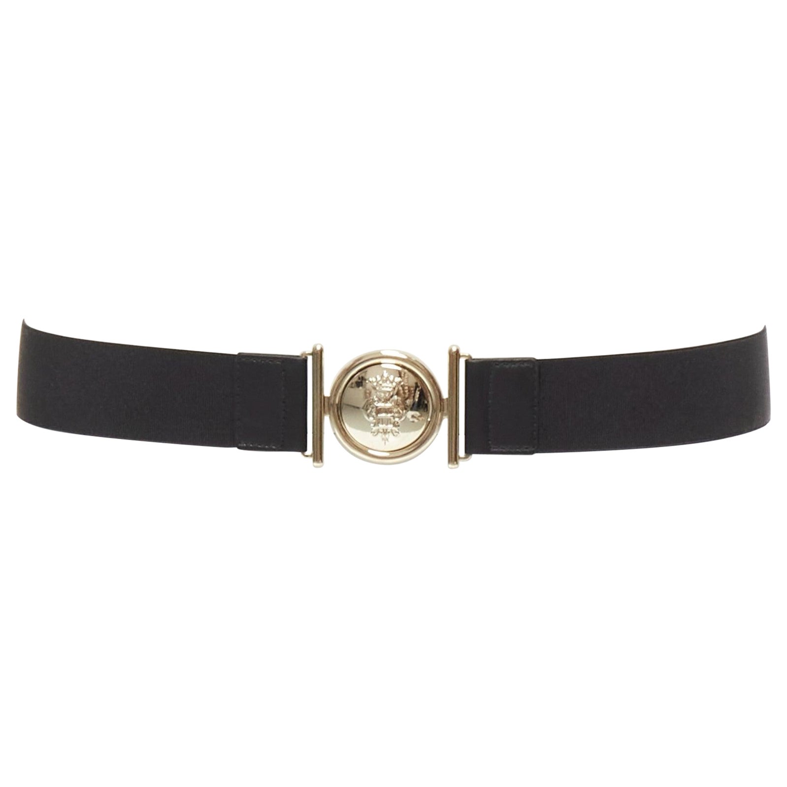EMILIO PUCCI gold crest logo buckle black fabric stretch skinny belt IT38 XS For Sale