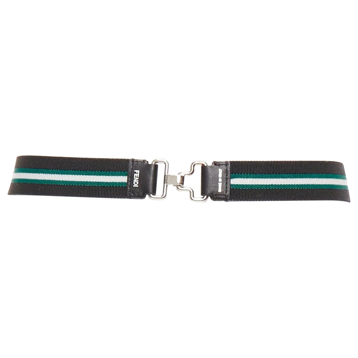 FENDI silver logo black green stripe stretch fabric leather skinny belt For Sale
