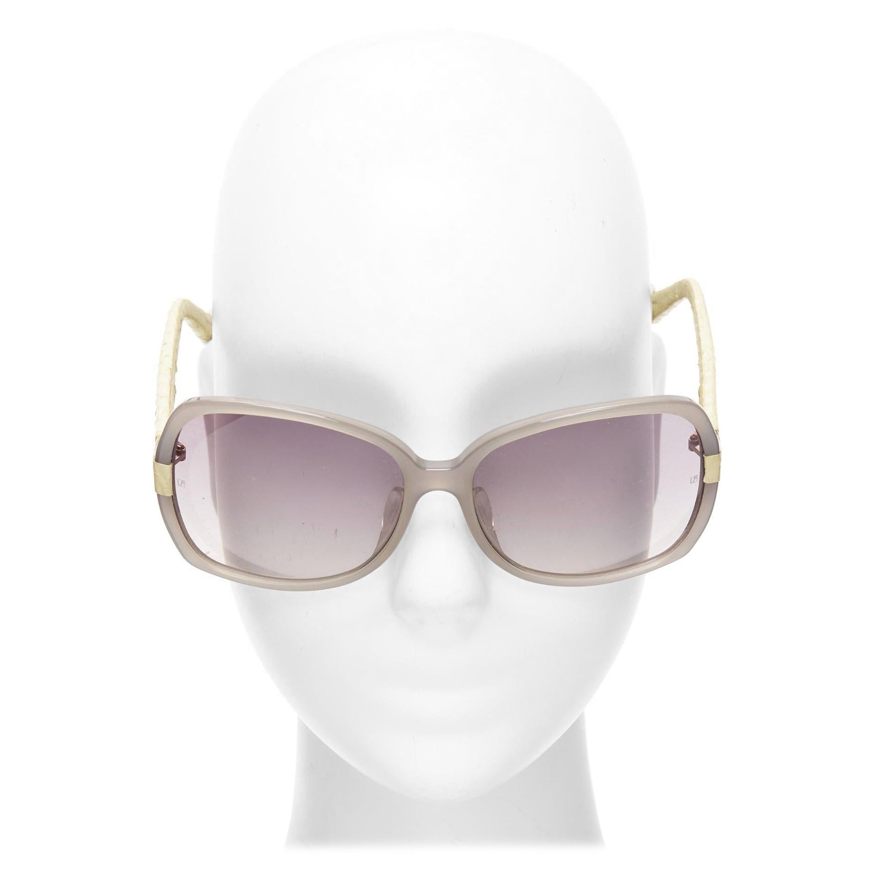 LINDA FARROW Luxe LFL1426 beige scaled leather arm grey square sunglasses For Sale