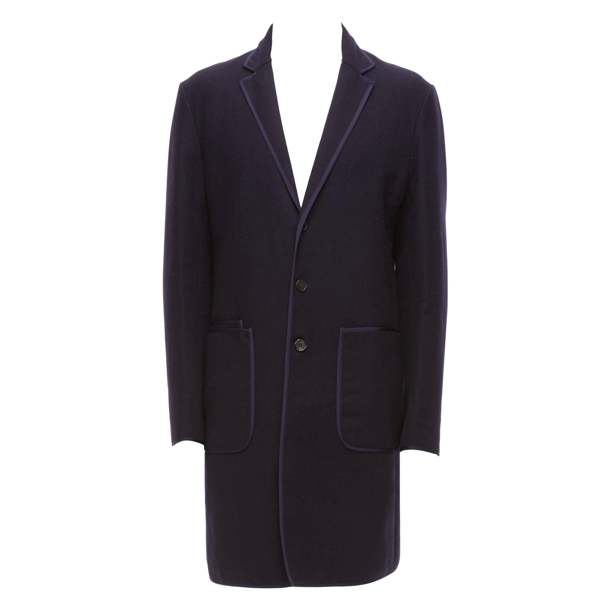 NEIL BARRETT navy wool blend ribbon trimmed pocket detail long coat IT48 M For Sale