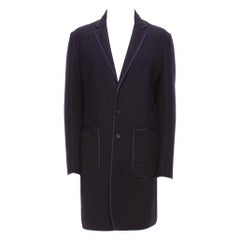 Long manteau bleu marine en laine mélangée orné de rubans et de poches, taille IT 48 M