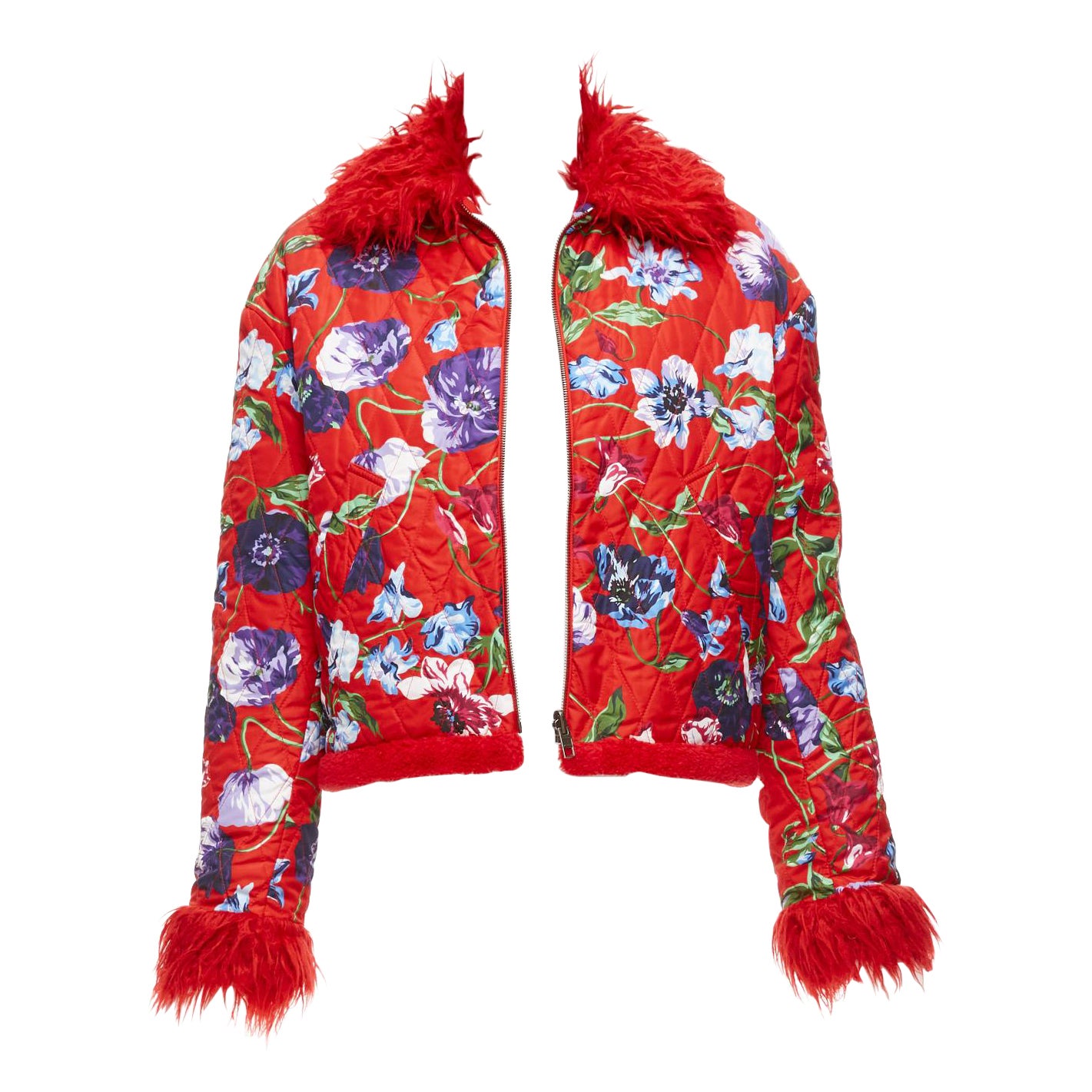KENZO Memento reversible red purple flower print faux fur crop jacket FR34 XS For Sale