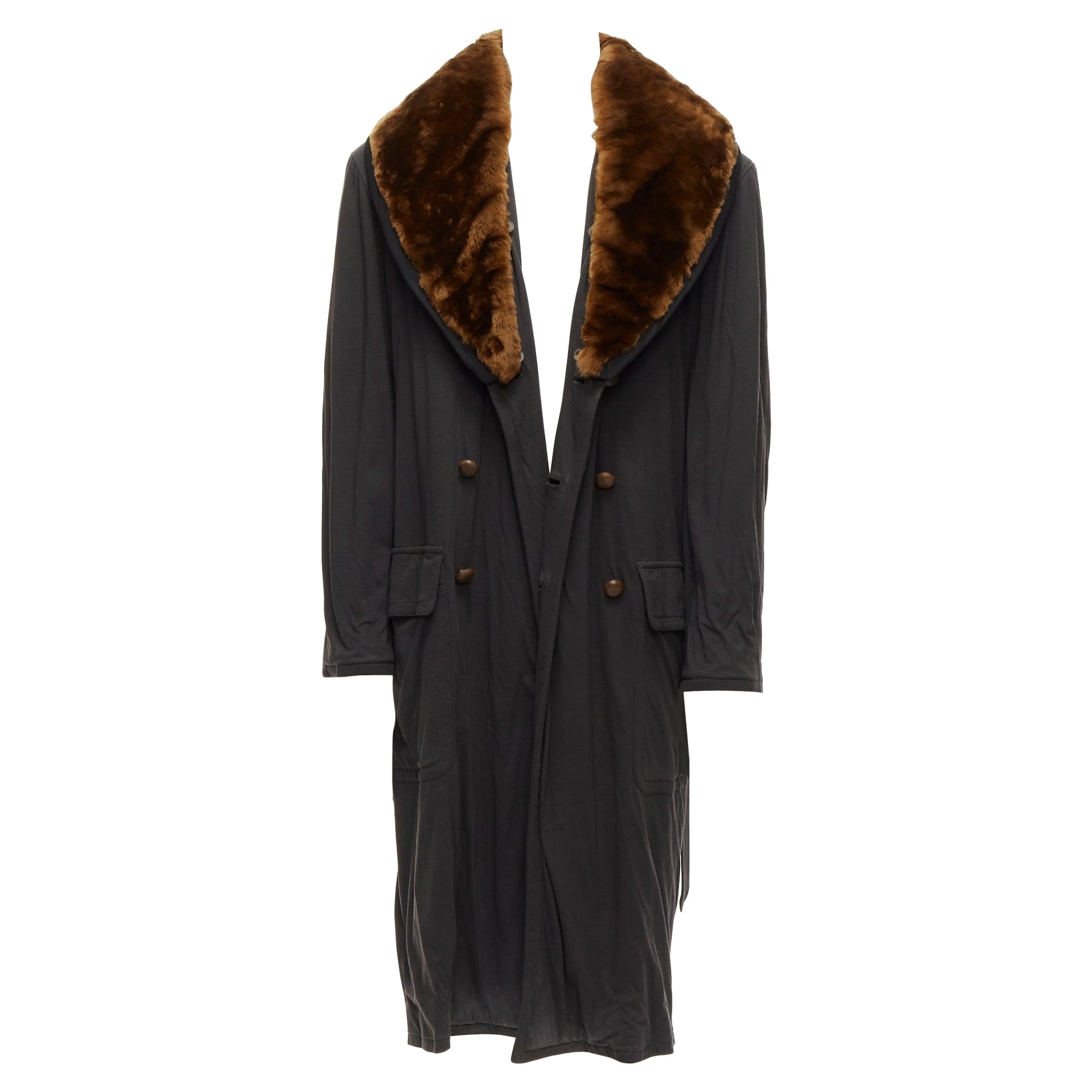 rare JEAN PAUL GAULTIER HOMME brown faux fur collar black cotton belted coat L For Sale