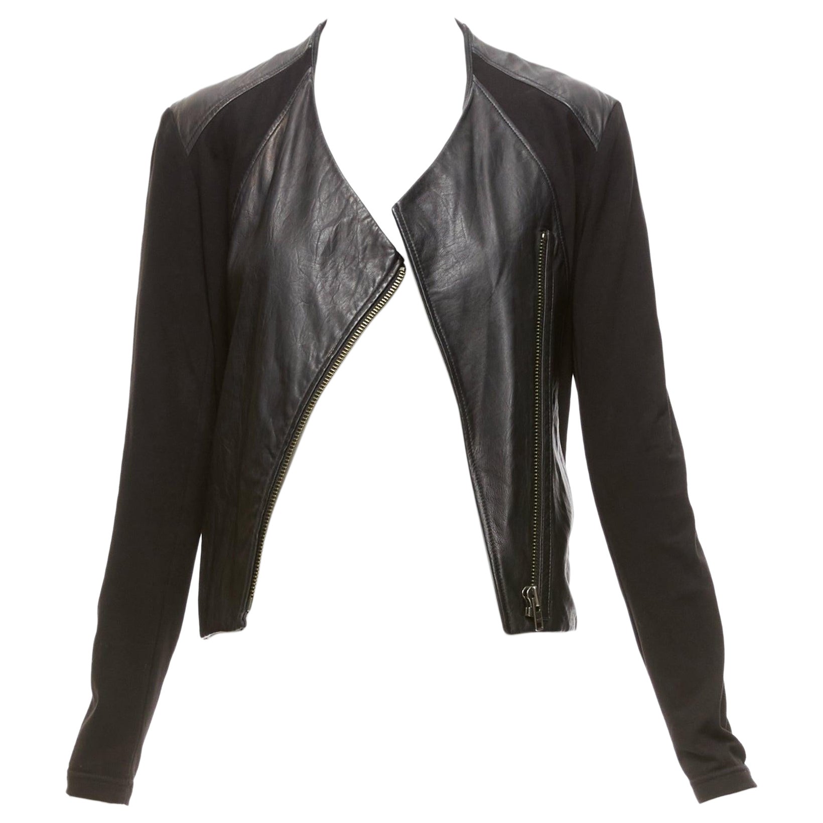 HELMUT LANG HELMUT black lambskin leather cotton sleeves asymmetric biker S For Sale