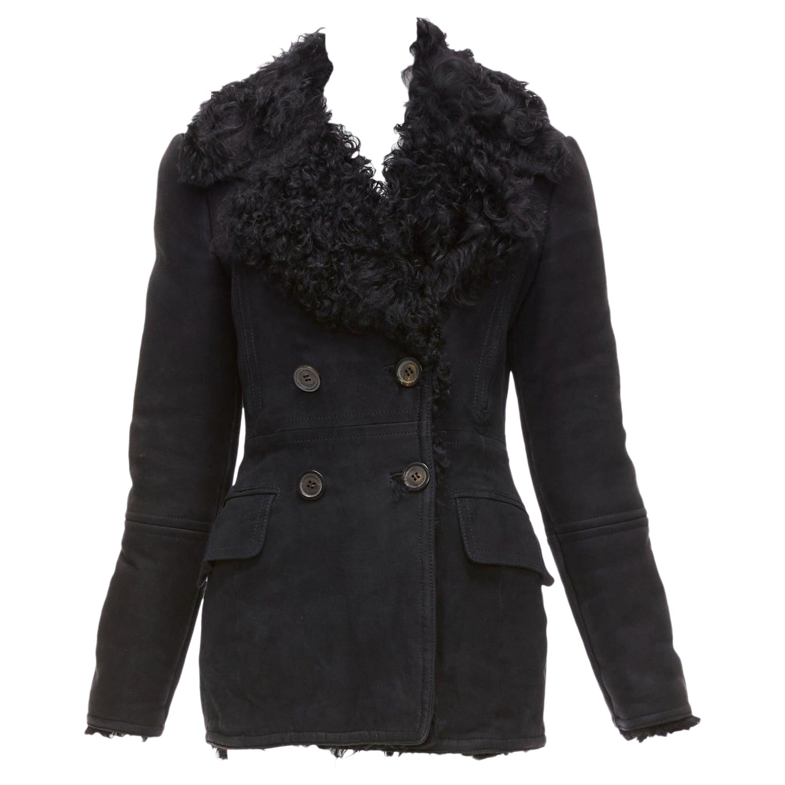 GUCCI Tom Ford Vintage Schwarzer doppelreihiger Vintage-Mantel aus Shearling IT42 M im Angebot