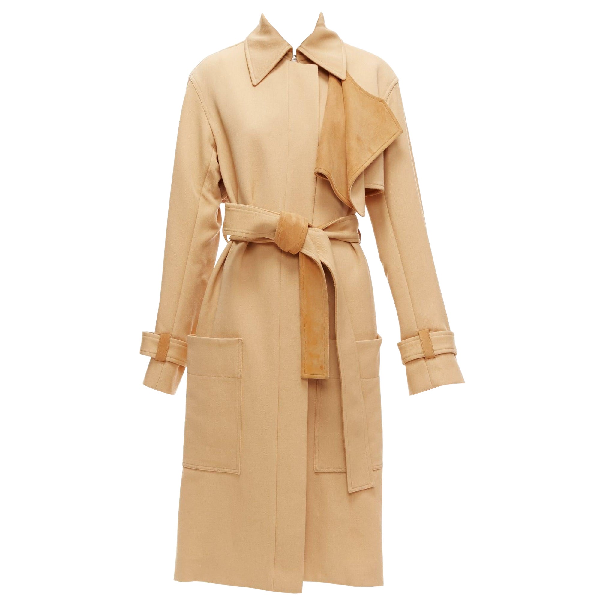 OLD CELINE Phoebe Philo Dekonstruierter Trenchcoat aus Wolle und Ziegenleder mit Lederbesatz FR38