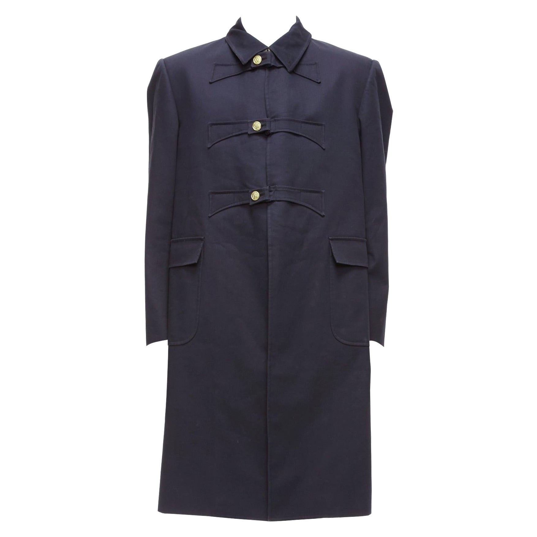 THOM BROWNE 2008 navy gold anchor button loop through boxy longline coat Sz.3 L For Sale