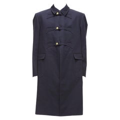 Used THOM BROWNE 2008 navy gold anchor button loop through boxy longline coat Sz.3 L