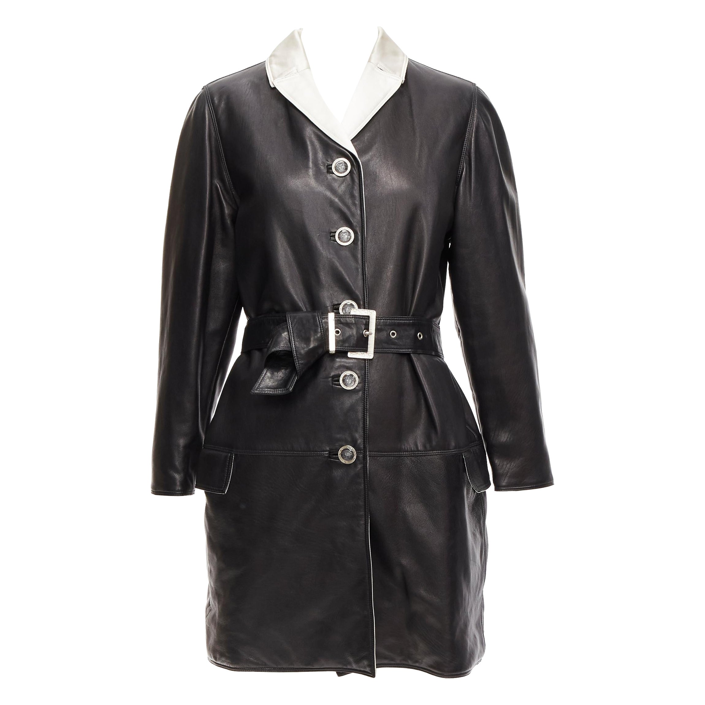 GIANNI VERSACE Vintage black leather white silk medusa button belted coat For Sale