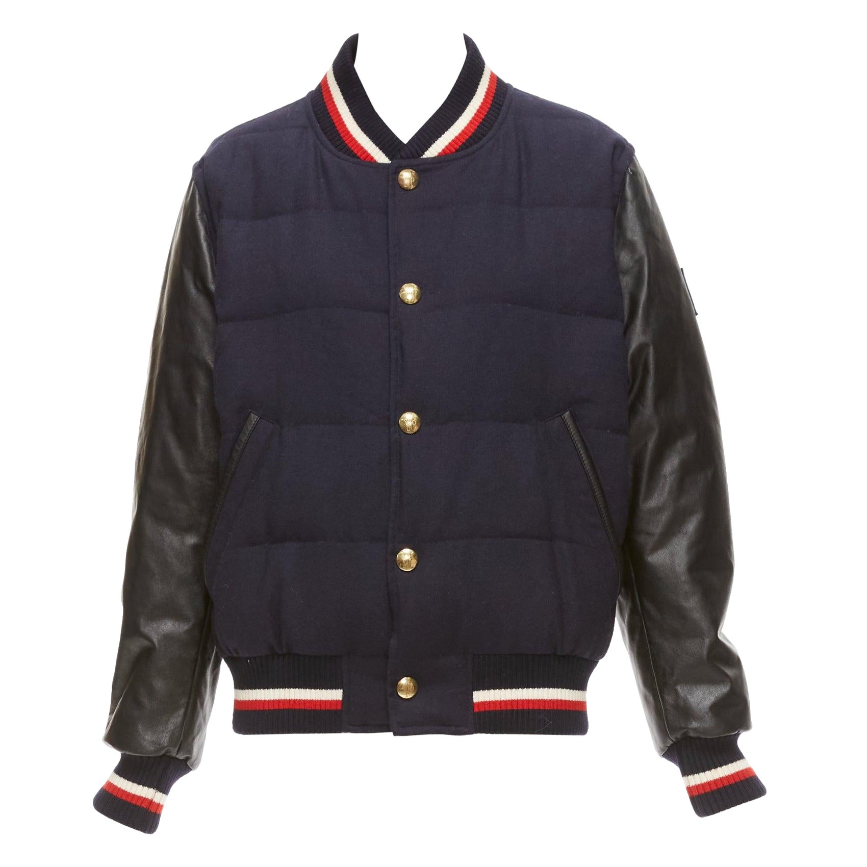 MONCLER GAMME BLEU navy wool leather sleeves goose down bomber jacket Sz2 M For Sale