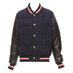 Used MONCLER GAMME BLEU navy wool leather sleeves goose down bomber jacket Sz2 M