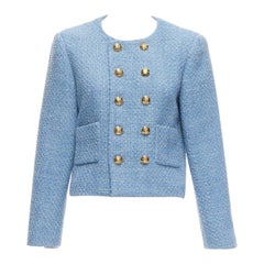 CELINE Hedi Slimane Zweireihige Jacke aus blauem Tweed mit goldenen Knöpfen FR38 M