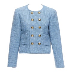 Céline Hedi Slimane - Veste croisée à boutons dorés en tweed bleu FR38 M