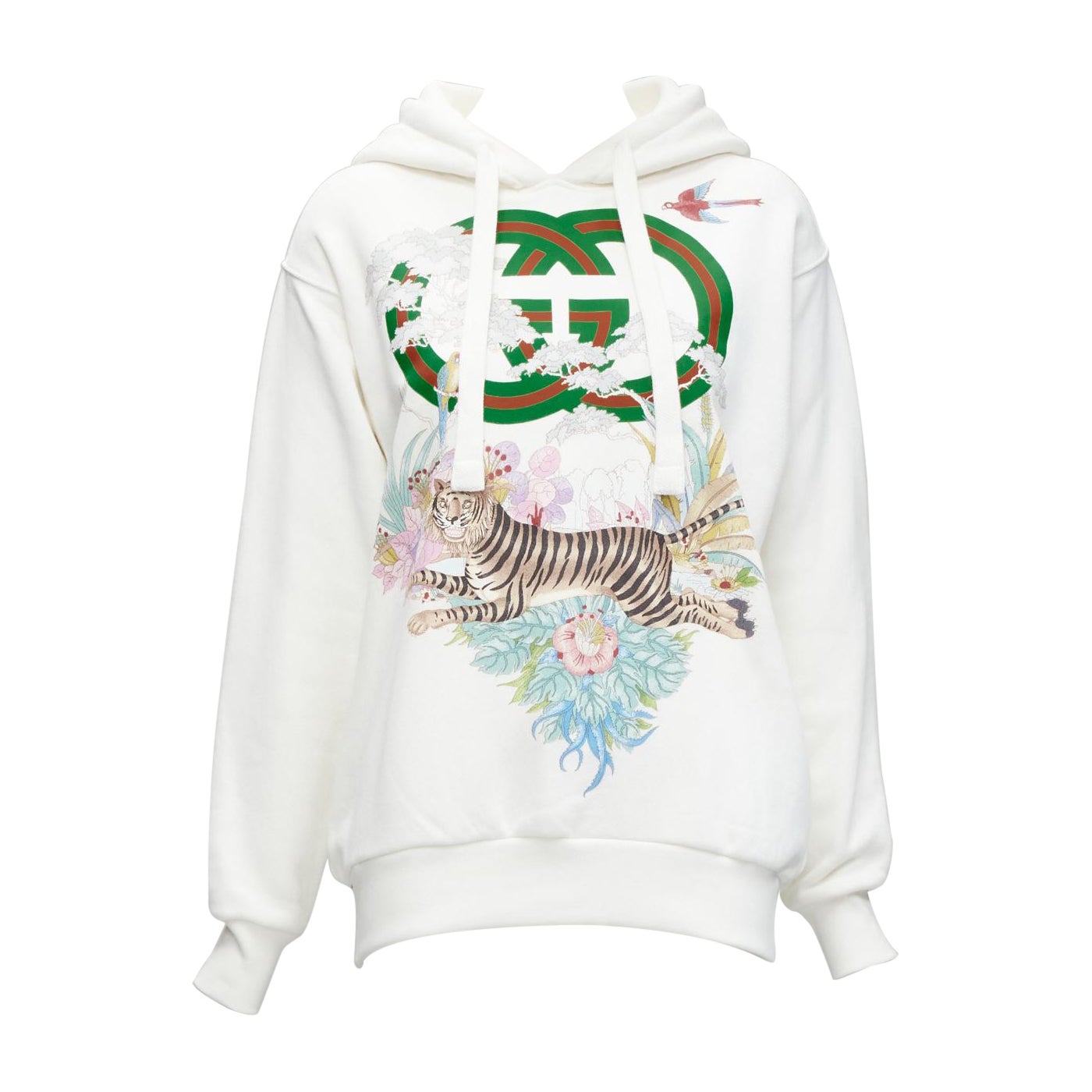 GUCCI Alessandro Michele 100% cotton white logo tiger floral print hoodie 3XS For Sale