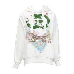 GUCCI Alessandro Michele 100% Baumwoll- Hoodie mit weißem Logo und Tigerblumendruck 3XS