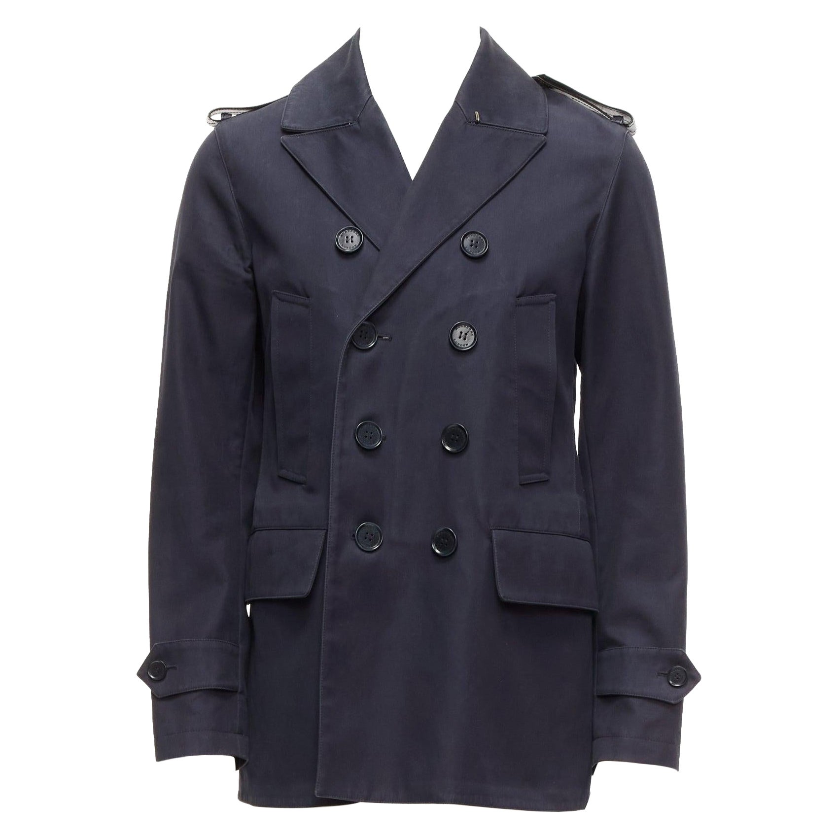 BURBERRY navy cotton wool lined leather epaulet short trench coat IT48 M For Sale