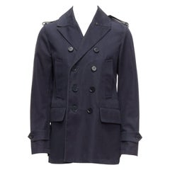 BURBERRY navy cotton wool lined leather epaulet short trench coat IT48 M