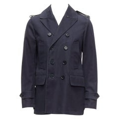 BURBERRY Marineblauer kurzer Trenchcoat aus Baumwolle und Wolle mit Lederbezug und Epaulet IT48 M