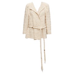 CHANEL beige ribbon tweed CC embellished rope belt wrap jacket FR42 XL