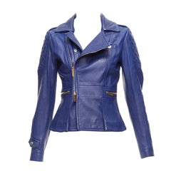 DSQUARED2 blue lambskin leather gold logo zip moto biker jacket IT40 S