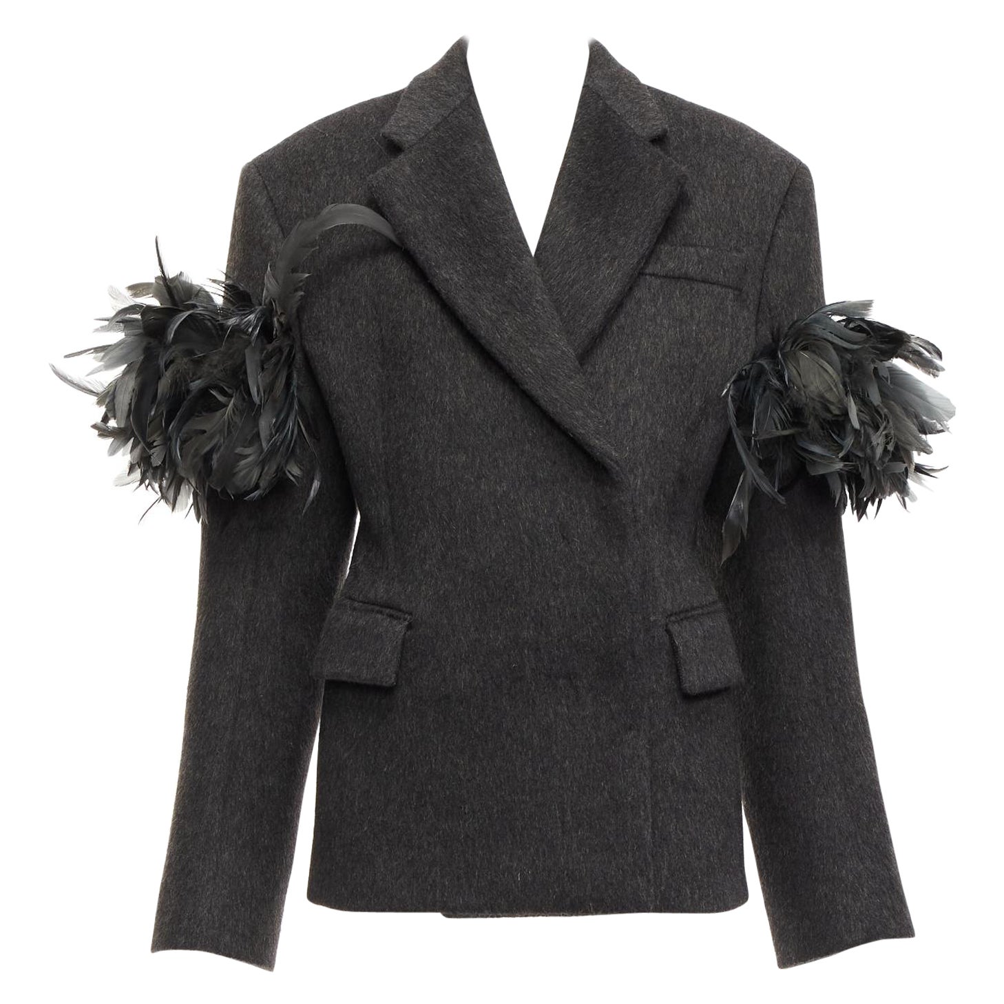 PRADA Runway grey wool green feather trim oversized boxy blazer S For Sale
