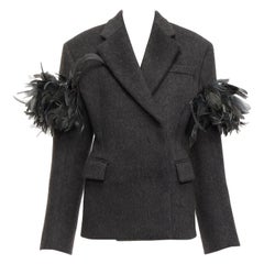 PRADA Runway grey wool green feather trim oversized boxy blazer S