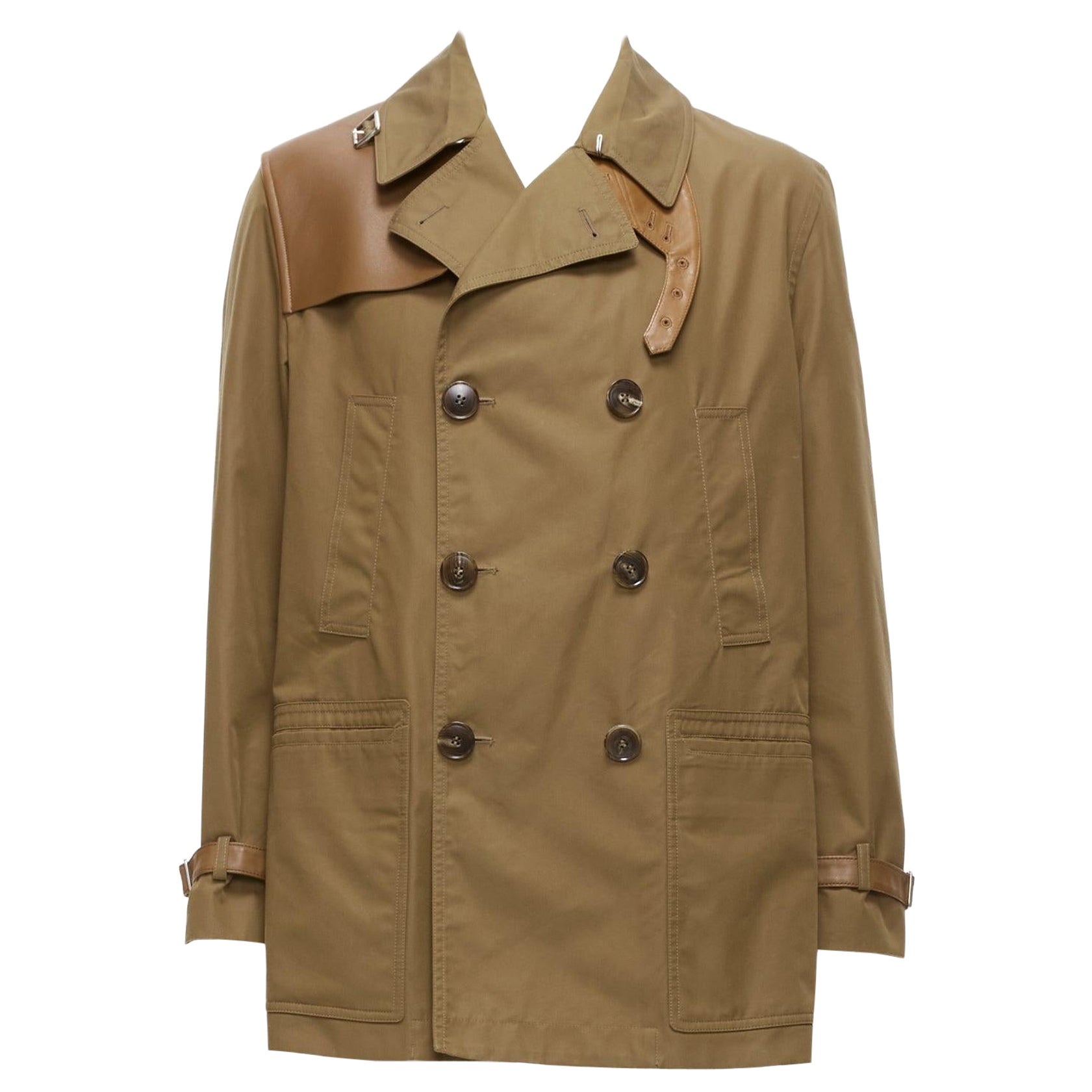 GUCCI Vintage brown leather trimmed cotton wool blend lined trench coat IT48 M For Sale