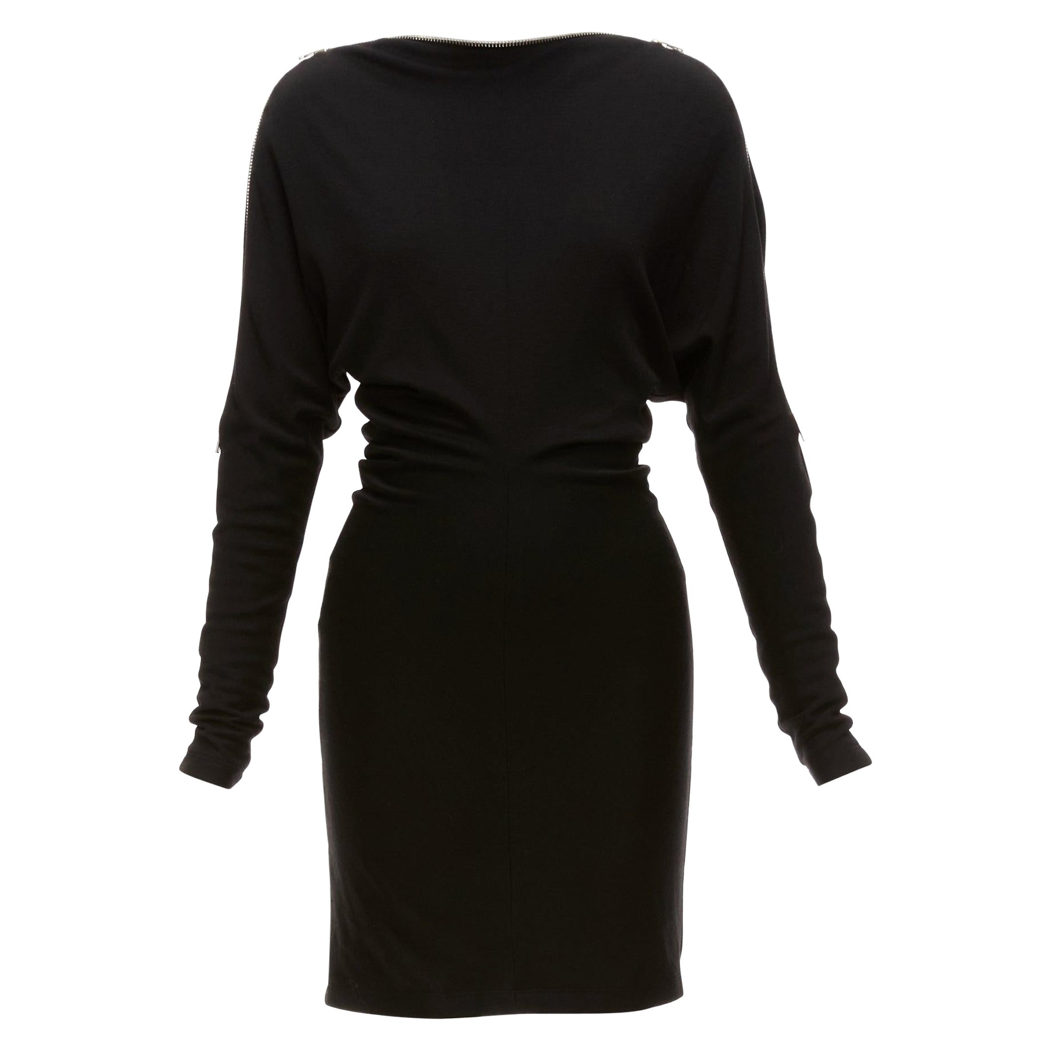 ALEXANDER WANG black 100% virgin wool zip shoulder collar batwing dress US0 XS For Sale
