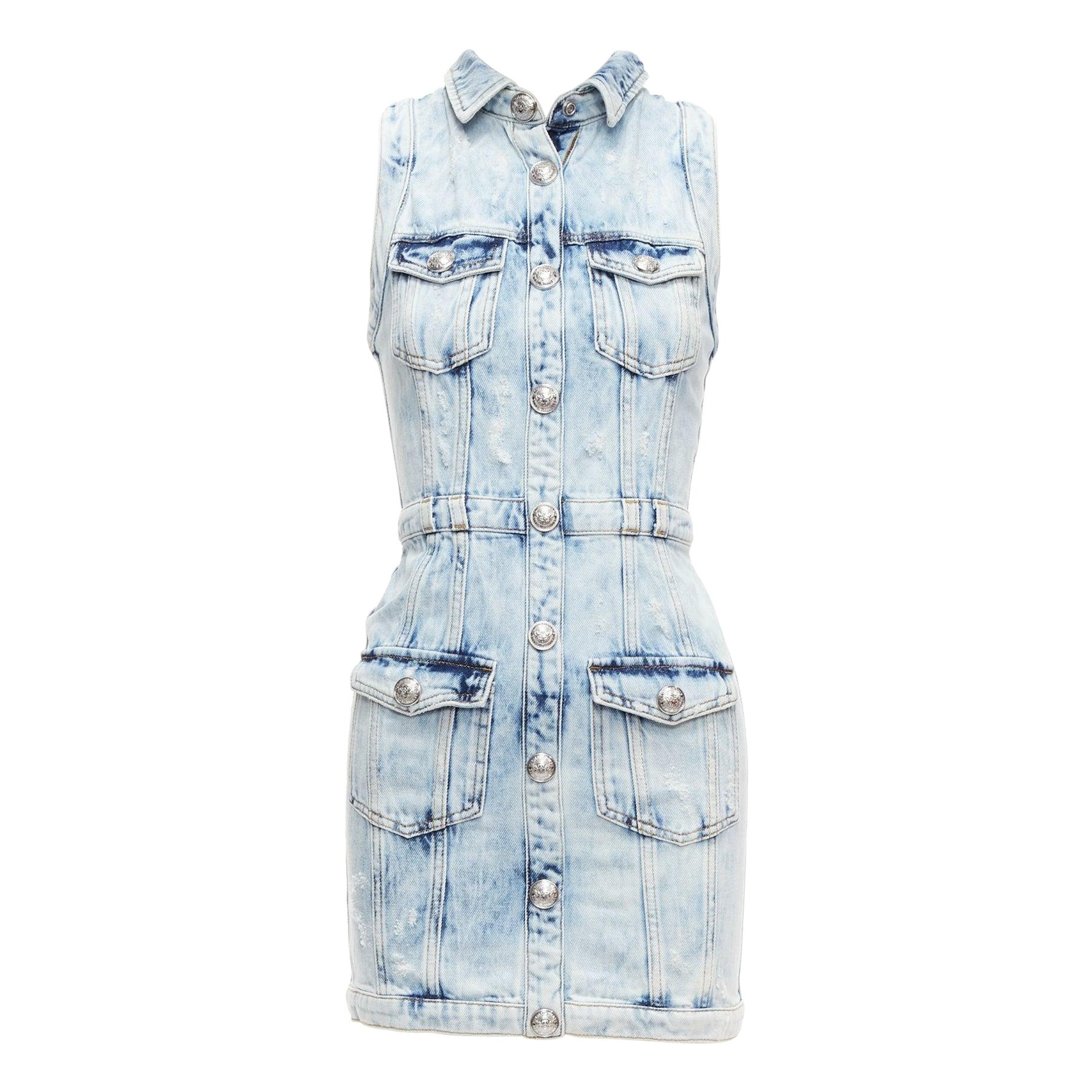 BALMAIN faded blue distressed denim silver buttons 4 pocket fitted dress FR34 XS For Sale